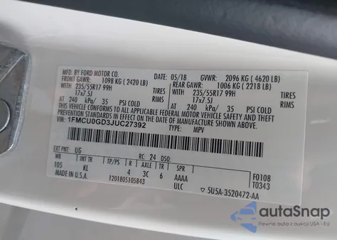 2018 Ford Escape Se z USA, uszkodzony, nr VIN 1FMCU0GD3JUC27392